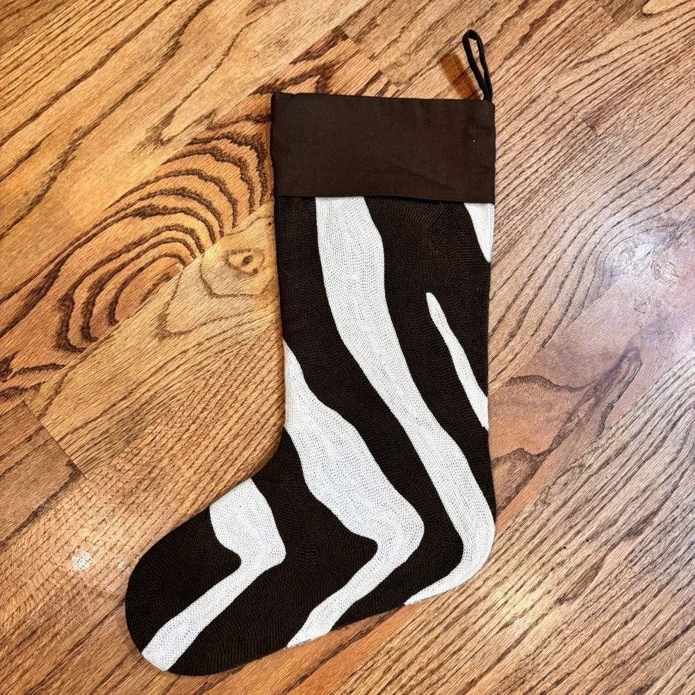 West Elm Zebra Stripe Christmas Stocking Brown White Knit 18